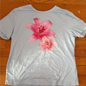 Light Blue Tee with Pink Lily Floral Print